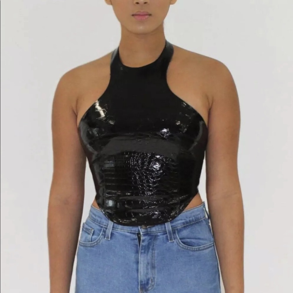 Sorella Boutique Black Halter Pu Croc Crop Top